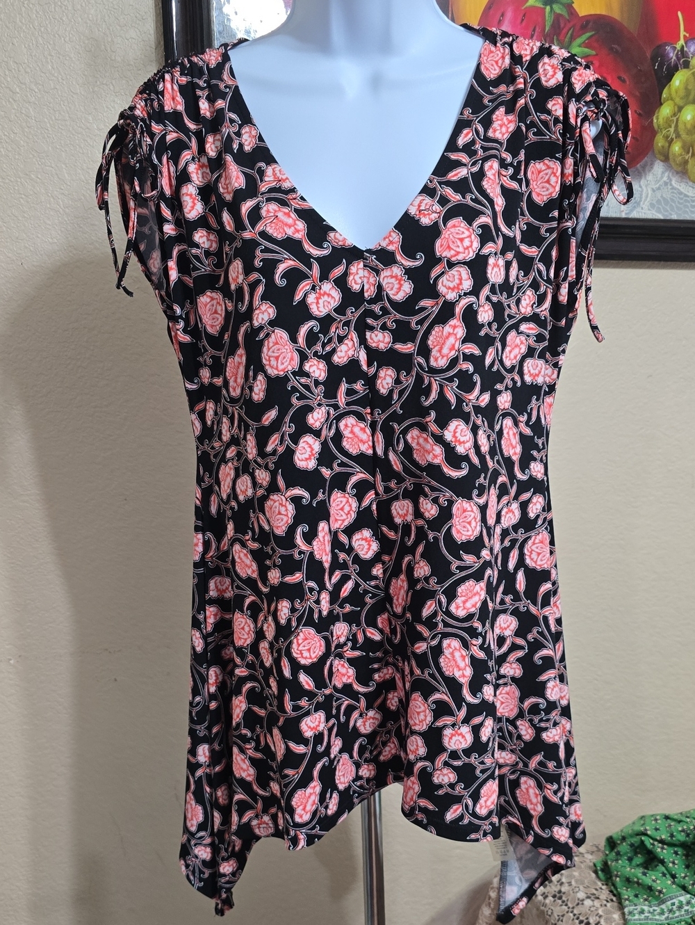 Chaus Black V-Neck Tunic with Pink Floral Print
